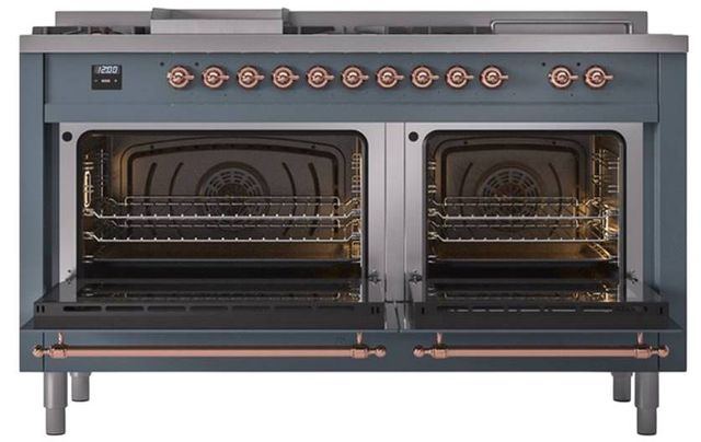 Ilve® Nostalgie II Noblesse 60'' Blue Gray Pro Style Dual Fuel Range with Copper Trim-1