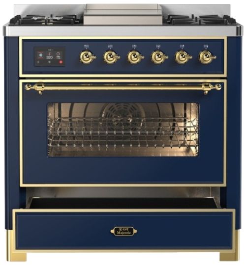 Ilve® Majestic III 36" Midnight Blue Pro Style Dual Fuel Natural Gas Range with 6 Black Brass Burners and Brass Trim-2