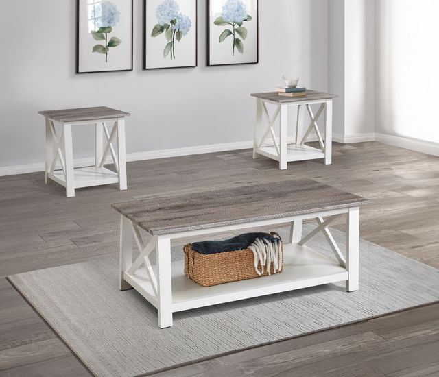 Crown Mark Thelma 3-Piece Weathered Gray Occasional Table Set with White Base-1