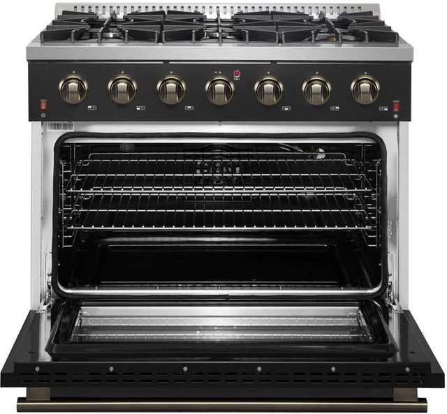 FORNO® Galiano 36" Stainless Steel Pro Style Gas Range with Black Door and Antique Brass Accents-1
