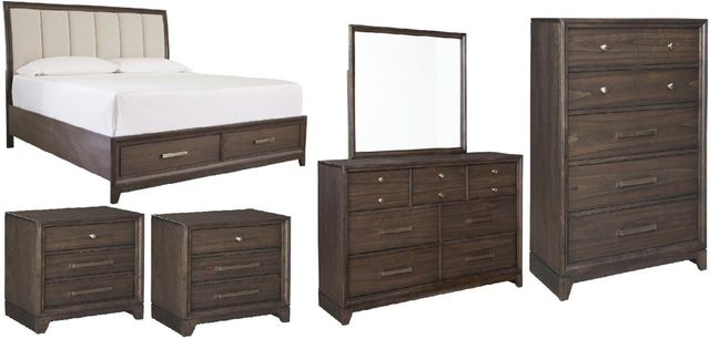 Signature Design by Ashley® Brueban 6-Piece Gray/Rich Brown California King Panel Storage Bed Set-0