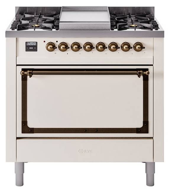 Ilve® Nostalgie II Noblesse 36'' Antique White Pro Style Dual Fuel Range with Burnished Trim-0