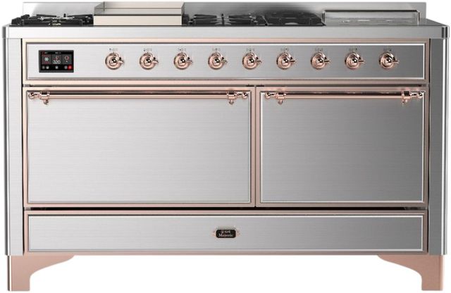 Ilve® Majestic III 60'' Stainless Steel Pro Style Dual Fuel Liquid Propane Range with Solid Door and Copper Trim-0