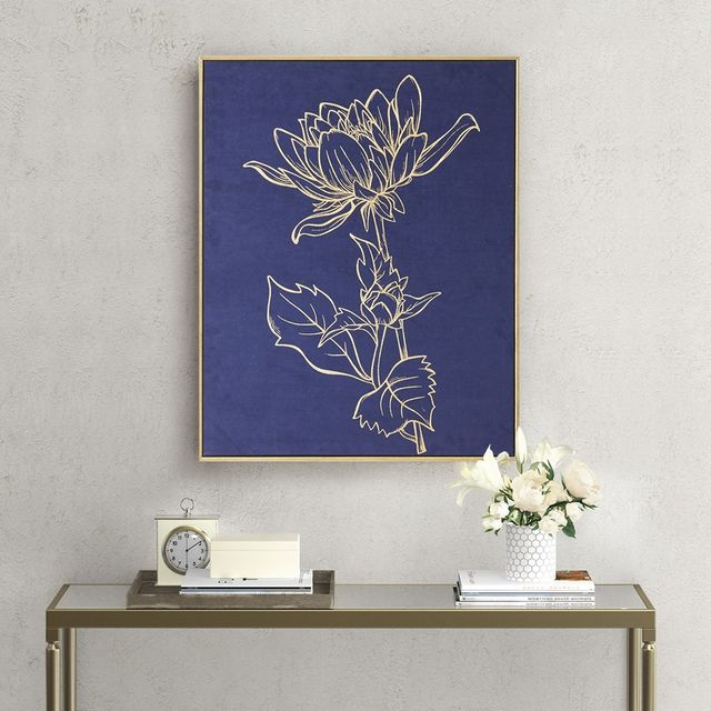 Olliix by Madison Park Velvet Lotus Navy and Gold with Gold Foil Framed Velour Canvas-0