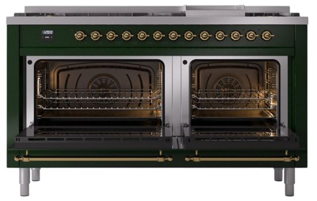 Ilve® Nostalgie II Noblesse 60'' Emerald Green Pro Style Dual Fuel Range with Brass Trim-1