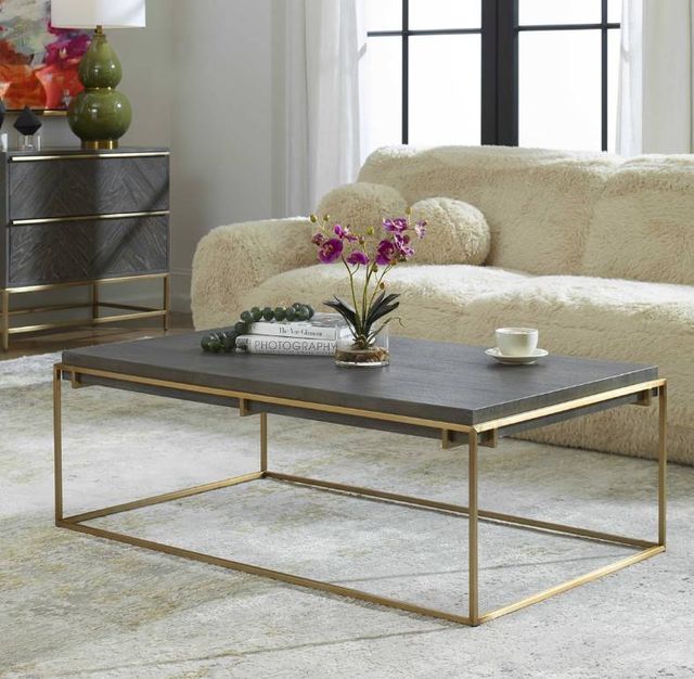 Uttermost® Surround Dark Walnut Coffee Table with  Brushed Brass Frame-1