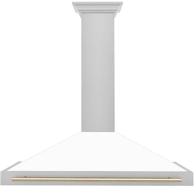ZLINE Autograph Edition 48" Fingerprint Resistant Satin Stainless Steel Convertible Wall Mounted Range Hood with White Matte Shell and Polished Gold Handle-0