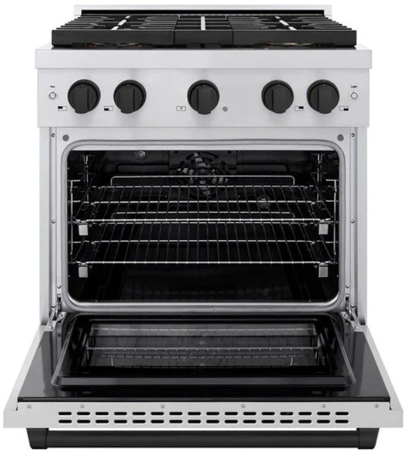 ZLINE Paramount 30" 4.2 cu. ft. Satin Stainless Steel Paramount Dual Fuel Range with 4 Burner DuoPro™ Cooktop and Electric Convection Oven with Black Matte Accents-1