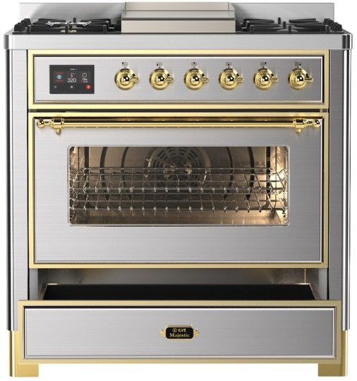 Ilve® Majestic III 36'' Stainless Steel Pro Style Dual Fuel Natural Gas Range with Triple Glass Door and Brass Trim-1