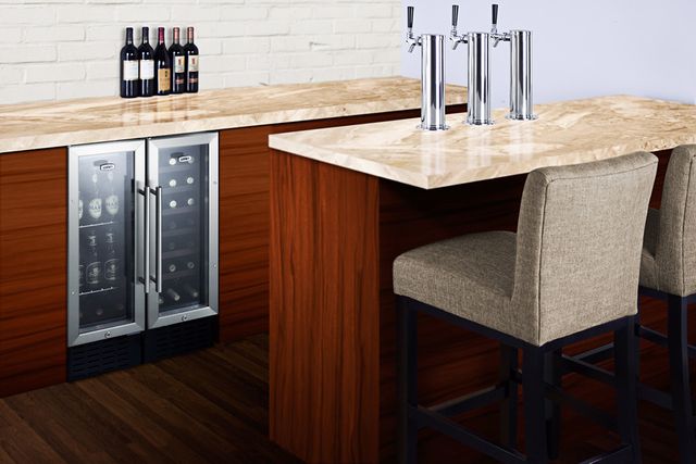 Front view of a home bar with a built in wine refrigerator from Summit