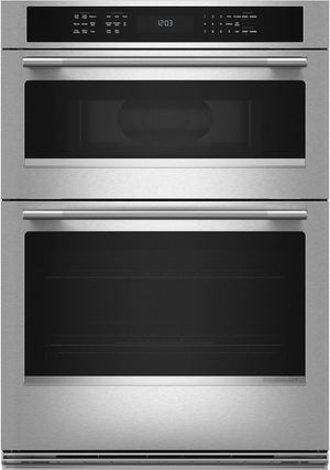 Front view of the KitchenAid® 30" PrintShield™ Stainless Steel Oven/Micro Combo Electric Wall Oven with Air Fry mode