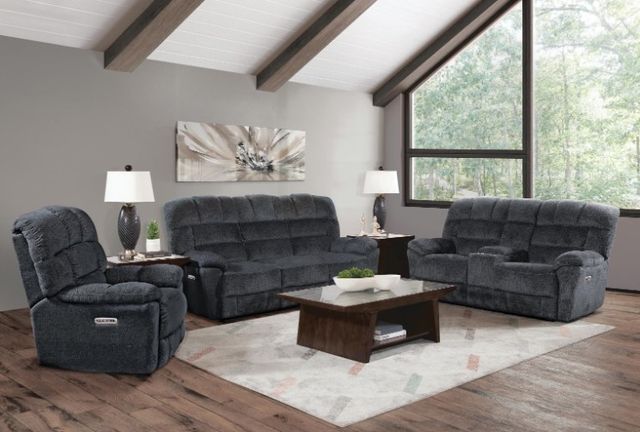 Corinthian Furniture Baker Blue Power Reclining Sofa with Drop Down Table-0