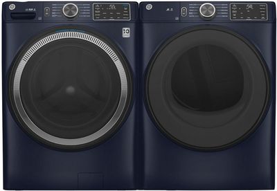 Front view of the GE® Sapphire Blue Front Load Laundry Pair