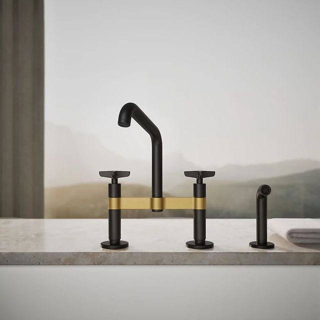 KOHLER® Billet® Matte Black with Brushed Moderne Brass 2-Hole Bridge Kitchen Sink Faucet with Side Sprayer-4