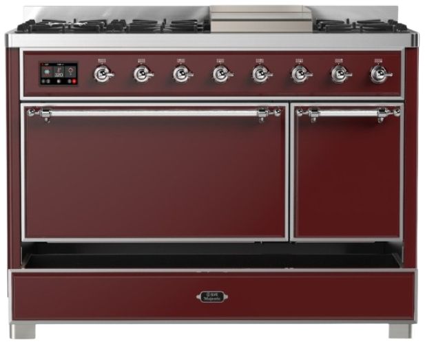 Ilve® Majestic III 48" Burgundy Pro Style Dual Fuel Natural Gas Range with Solid Door and Chrome Trim-2
