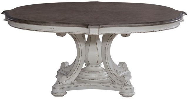 Liberty Furniture Magnolia Manor Weathered Bark Cloverleaf Dining Table with Antique White Base-2