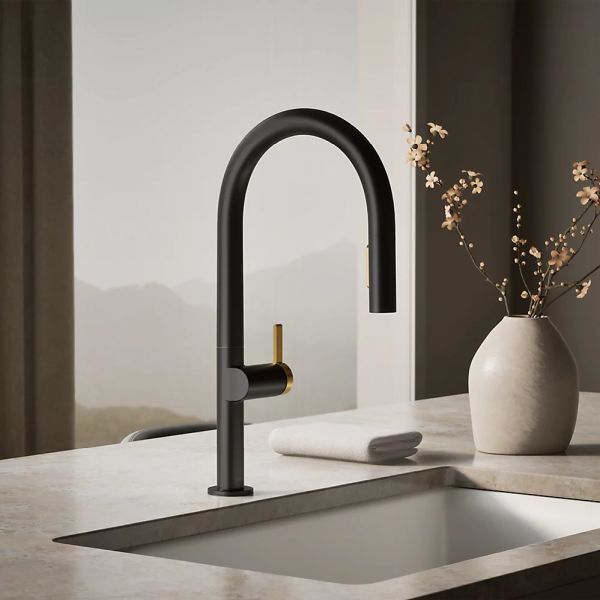 KOHLER® Components® Matte Black/Brushed Moderne Brass Pull-Down Kitchen Sink Faucet with 2-Function Sprayhead-1
