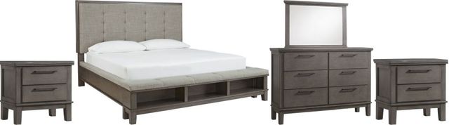 Benchcraft® Hallanden 5-Piece Gray Queen Upholstered Storage Panel Bed Set-0