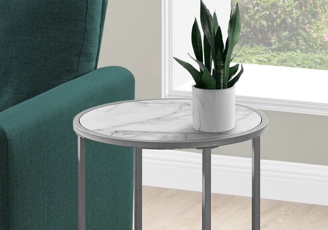Monarch Specialties Inc. 24"H White Marble Look Accent Table with Silver Metal Base-1