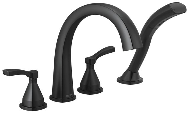 Delta Stryke® Matte Black 4-Hole Roman Tub Trim with Lever Handle-0