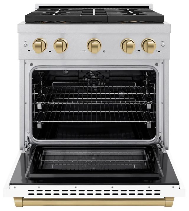ZLINE Autograph Edition Paramount 30" 4.2 Cu. Ft. Satin Stainless Steel Dual Fuel Range with 4 Burner DuoPro™ Cooktop and Electric Convection Oven with White Matte Door and Champagne Bronze Accents-3