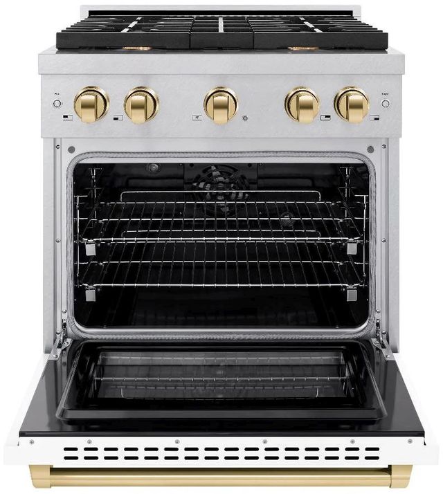 ZLINE Autograph Edition Paramount 30" Satin Stainless Steel Pro Style Dual Fuel Range with White Matte Door and Polished Gold Accents-1