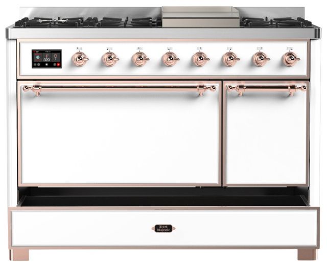 Ilve® Majestic III 48" White Pro Style Dual Fuel Liquid Propane Range with Solid Door and Copper Trim-2