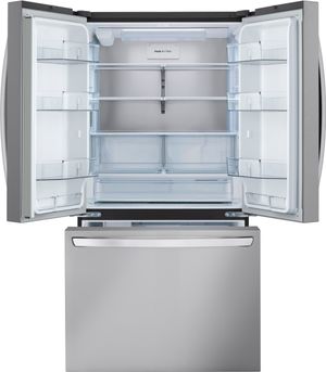 front view of the opened LG 36 in. 27.0 Cu. Ft. PrintProof™ Stainless Steel Smart Counter Depth French Door Refrigerator