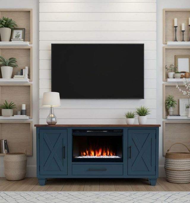 Legends Home Real Cozy Liberty Blue Denim/Whiskey 64" Fireplace Console-1