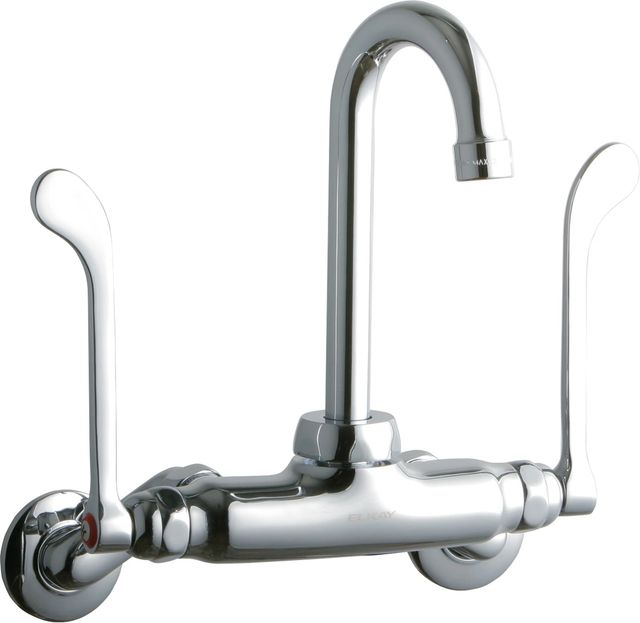 Elkay Chrome Foodservice 3-8" Adjustable Centers Wall Mount Faucet with 4" Gooseneck Spout and 6" Wristblade Handle-0