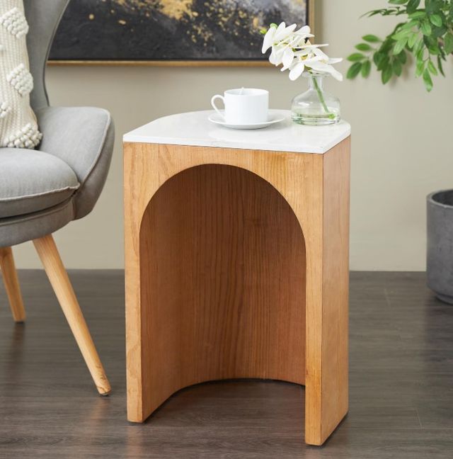 Deco Marche White Marble Side Table with Brown Base-3