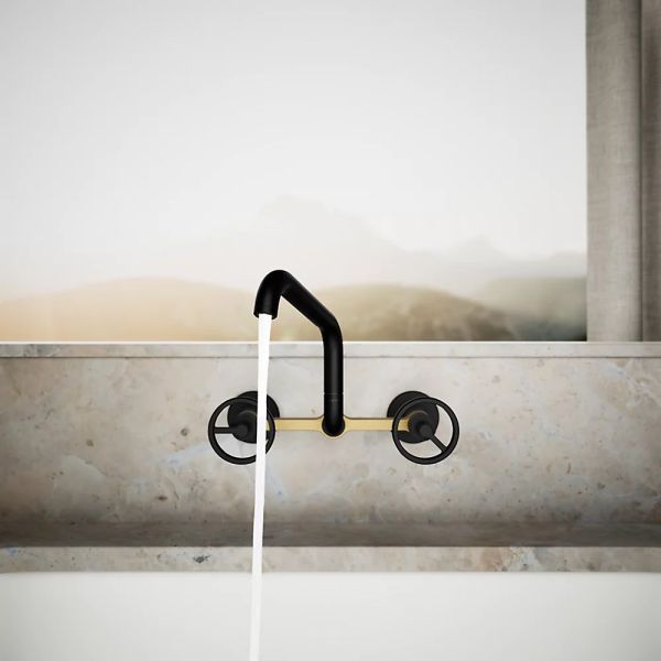 KOHLER® Billet® Brushed Moderne Brass/Matte Black 2-Hole Wall-Mount Bridge Kitchen Sink Faucet with Round Handles-2