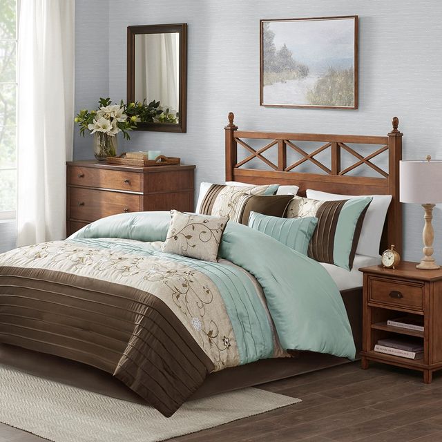Olliix by Madison Park Serene 7 Piece Blue Queen Embroidered Comforter Set-1