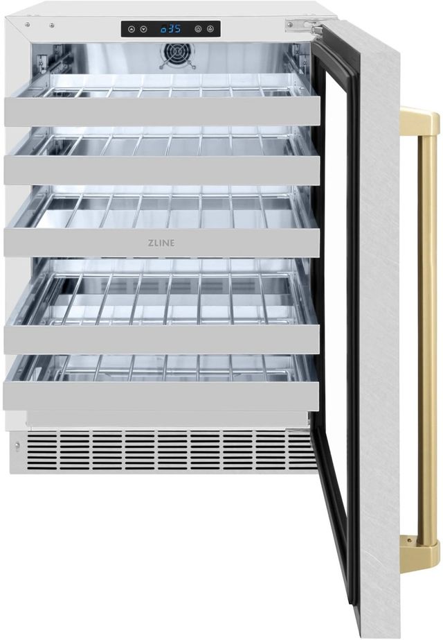 ZLINE Autograph Edition Touchstone 24" 4.8 Cu. Ft. Satin Stainless Steel Wine Cooler with Glass Door and Champagne Bronze Handle-1