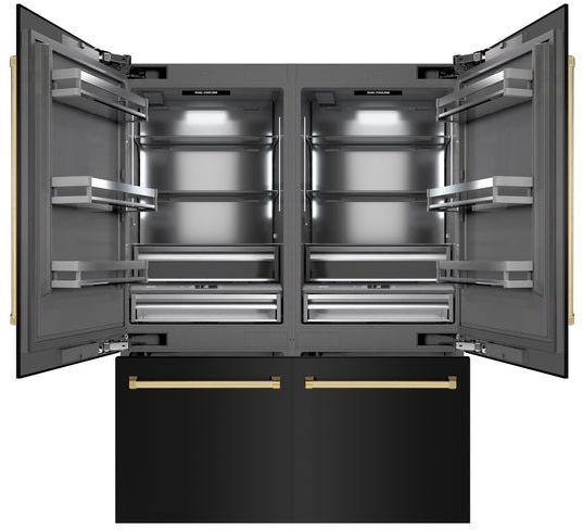 ZLINE Autograph Edition 60" 32.2 Cu. Ft. Black Stainless Steel Built In French Door Refrigerator with Champagne Bronze Accents-1