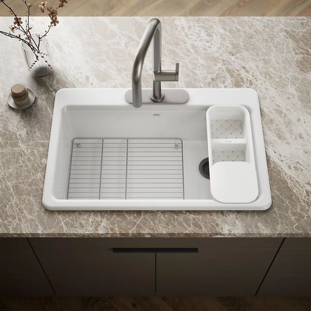 KOHLER® Riverby® White 33" 3-Faucet Hole Top-Mount Single-Bowl Workstation Kitchen Sink-1