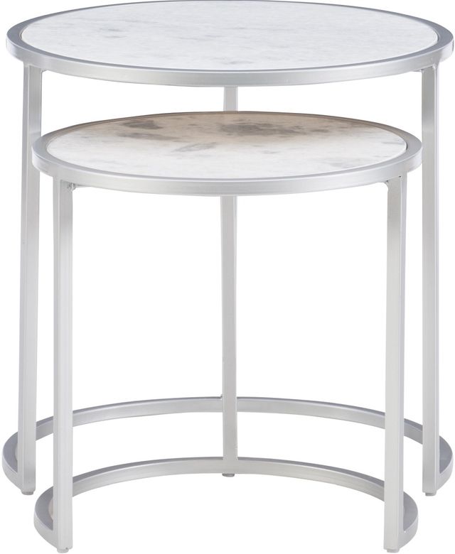 Powell® Fraya Gray/White Marble Top Nesting Table Set with Matte Silver Base-1
