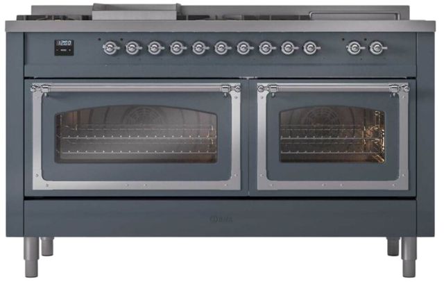 Ilve® Nostalgie II Noblesse 60'' Blue Gray Pro Style Dual Fuel Range with Chrome Trim-1