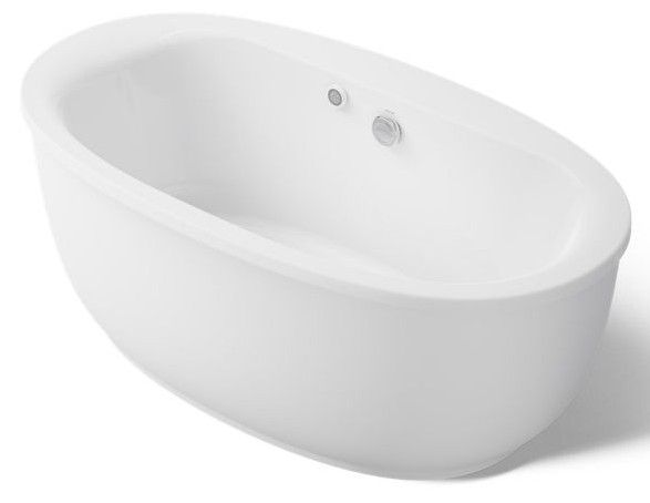 KOHLER® Sunstruck® White 65-1/2" x 35-1/2" Oval Freestanding Bath with Bask® Heated Surface and Fluted Shroud-0