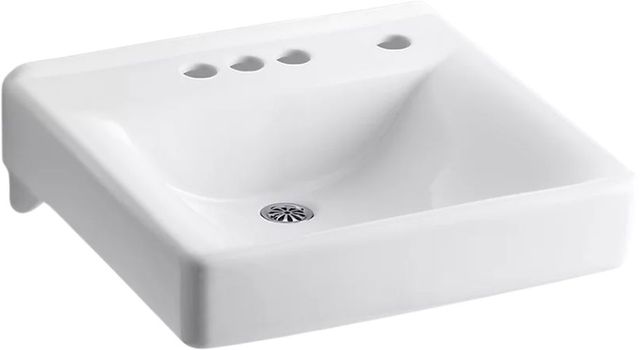 KOHLER® Soho® White Wall-Mount Concealed Arm Carrier Bathroom Sink with 4" Centerset Faucet Holes and Right-Hand Soap Dispenser Hole-0