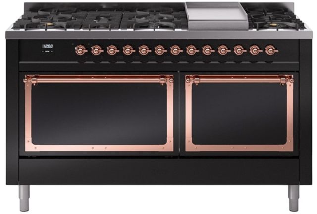 Ilve® Nostalgie II Noblesse 60'' Glossy Black Pro Style Dual Fuel Range with Copper Trim-0