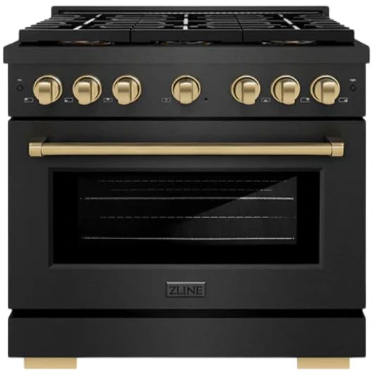 ZLINE Autograph Edition Paramount 36" 5.2 Cu. Ft. Black Satin Stainless Steel Dual Fuel Range with 6 Burner DuoPro™ Cooktop and Electric Convection Oven and Champagne Bronze Helix Handle and Accents-0