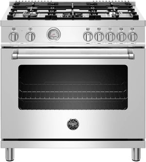 front view of the Bertazzoni Master Series 36" Stainless Steel Free Standing Dual Fuel Range