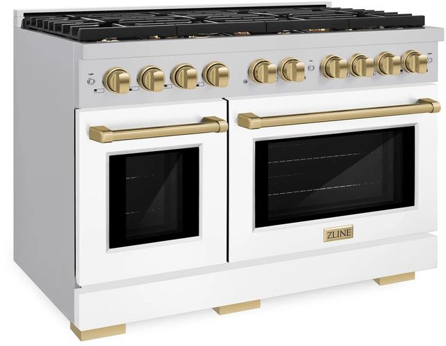ZLINE Autograph Edition Paramount 48" Stainless Steel Pro Style Dual Fuel Range with White Matte Door and Champagne Bronze Accents-2