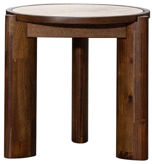 LH Home Remix Round Brown Wooden Side Table with Travertine Top-3