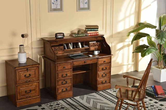 TEI Burnish Walnut Brown 54" Roll Top Secretary Desk-0