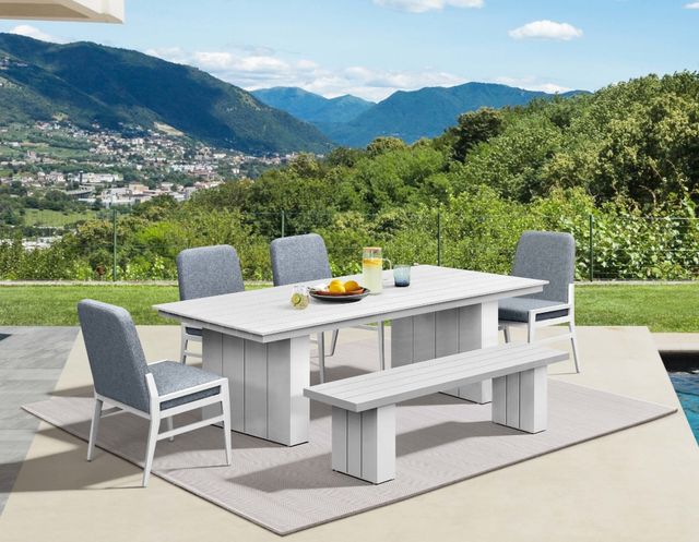 Intercon Nash 6-Piece Buff Aluminum/Fabric Outdoor Dining Table Set with Bench and Upholstered Chairs-1