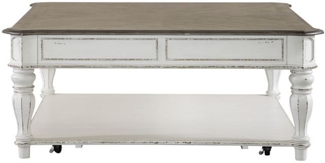 Liberty Furniture Magnolia Manor Weathered Bark Oversized Square Cocktail Table with Antique White Base-3