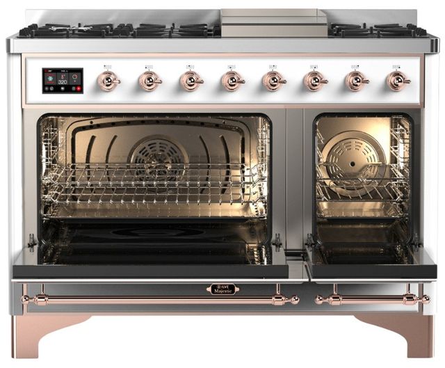 Ilve® Majestic III 48" White Pro Style Dual Fuel Liquid Propane Range with Solid Door and Copper Trim-1