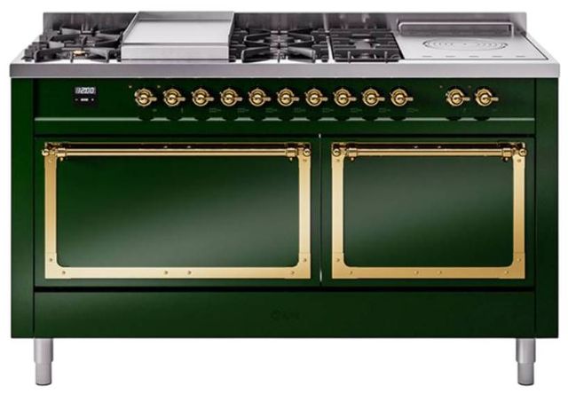 Ilve® Nostalgie II Noblesse 60'' Emerald Green Pro Style Dual Fuel Range with Brass Trim-0